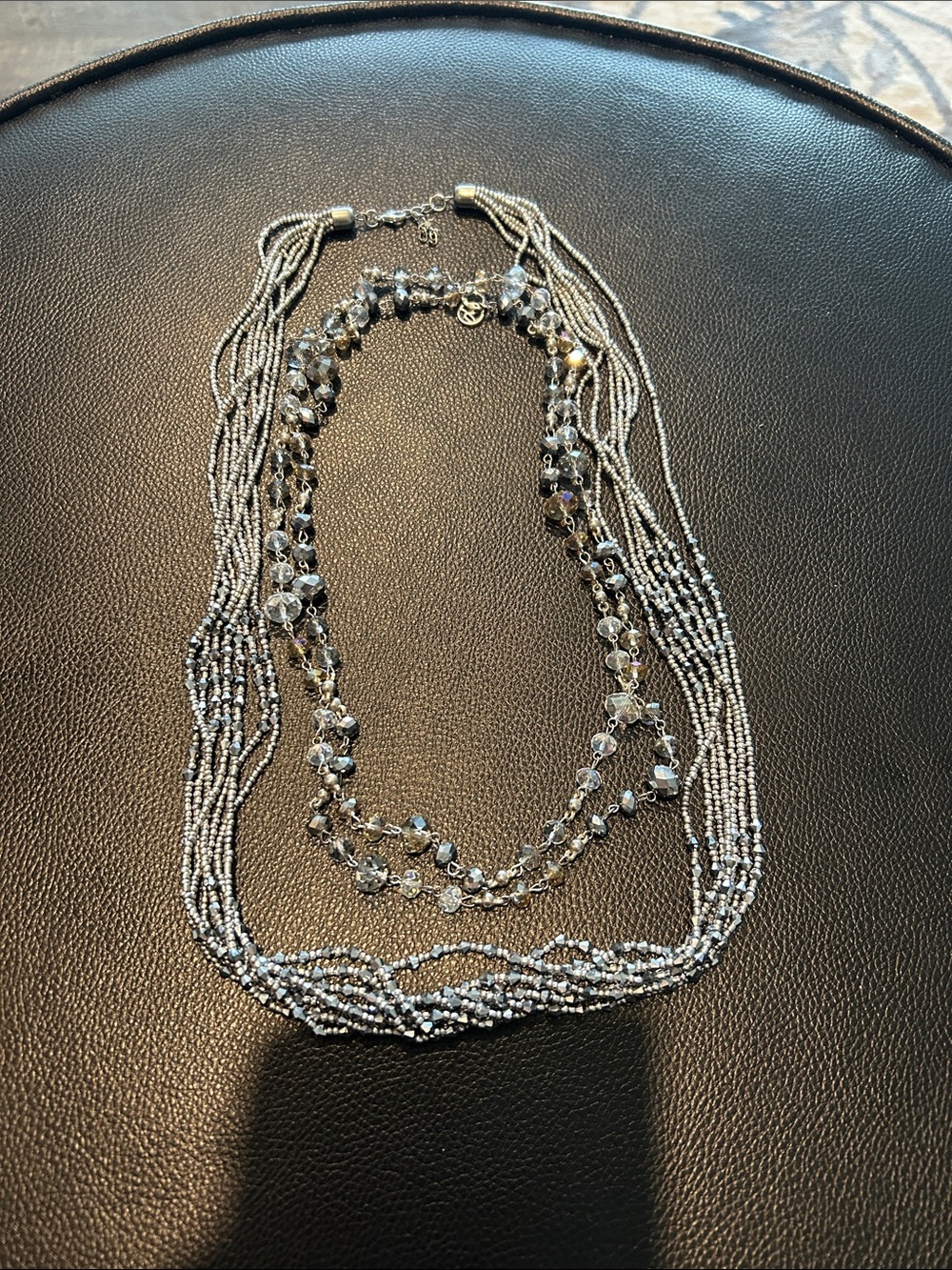 Two Crystal and Glass Long Strand Silver Toned Necklaces